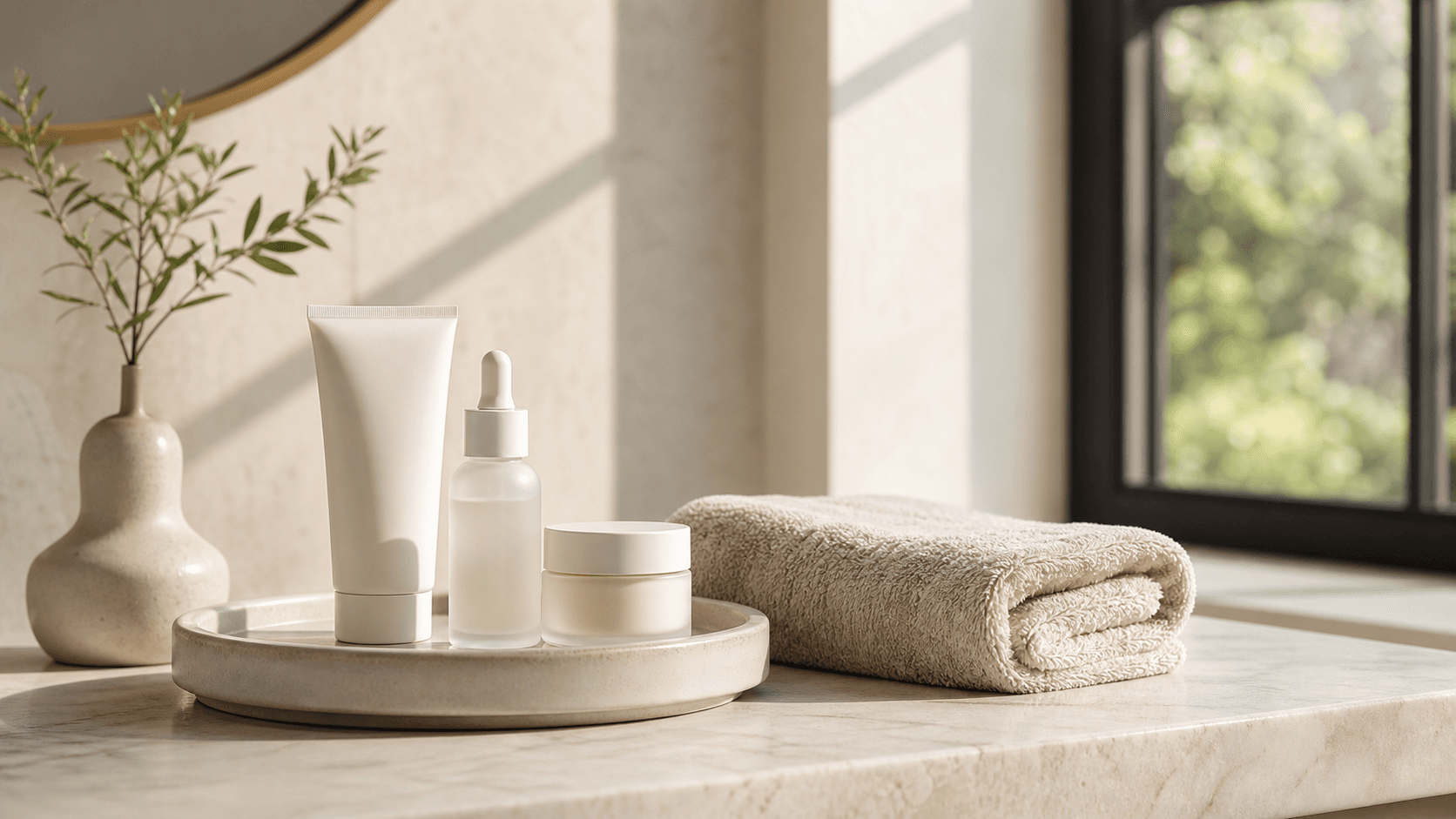 Produtos sem marca organizados para uma rotina matinal simples