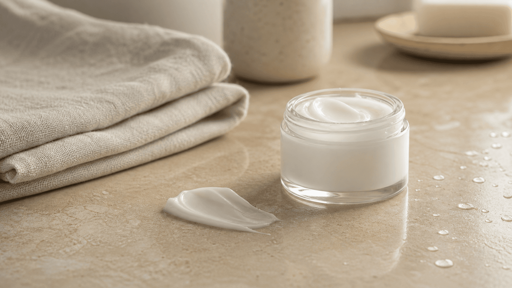 Pote de hidratante sem marca e creme sobre linho para representar ureia