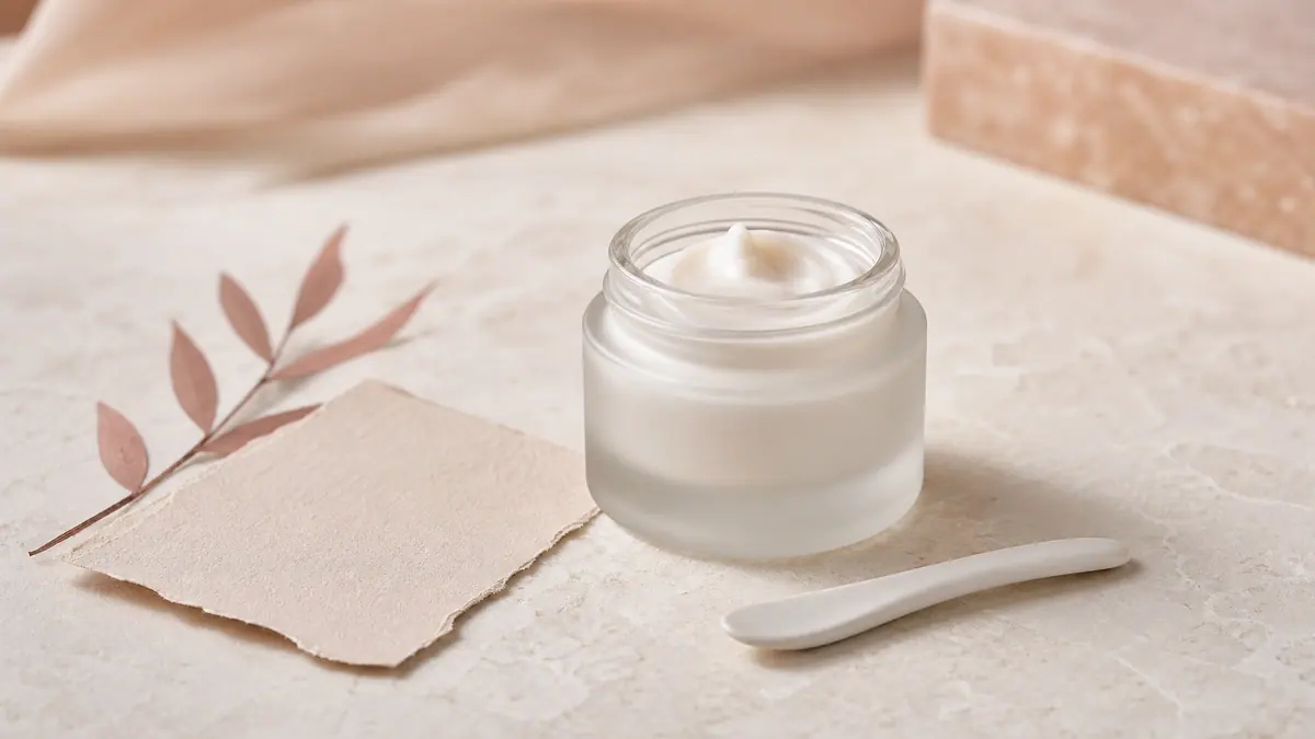 Pote de creme para os olhos sem marca em uma composição editorial clara