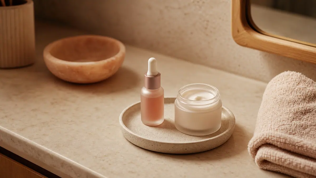 Sérum e creme sem marca sobre uma bancada clara durante uma rotina noturna