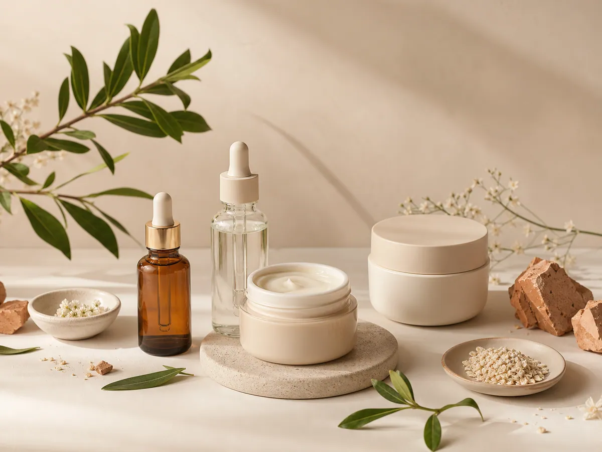 Ingredientes e frascos de skincare organizados sobre superfície clara
