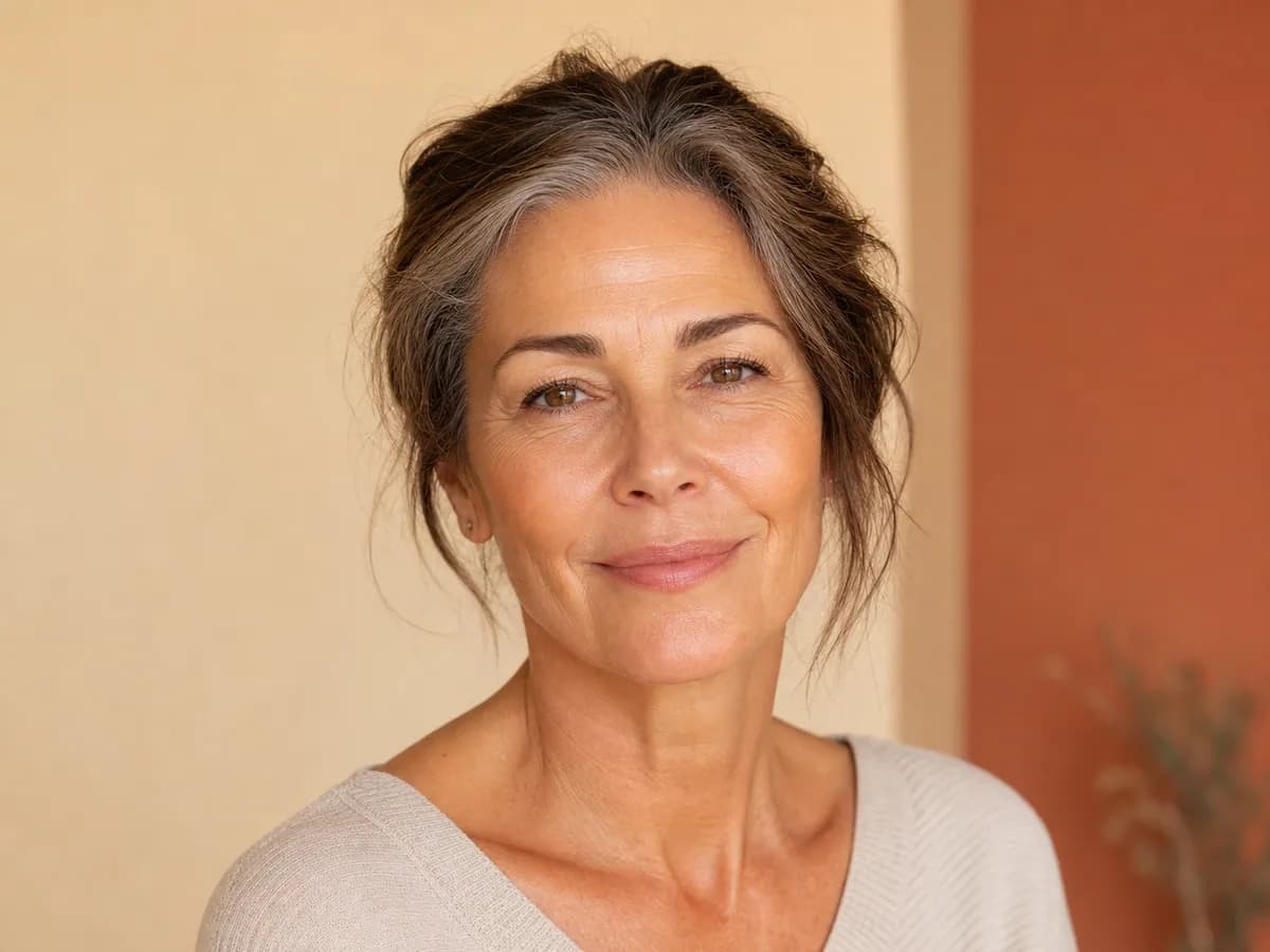 Testa de uma mulher madura com linhas de expressão naturais