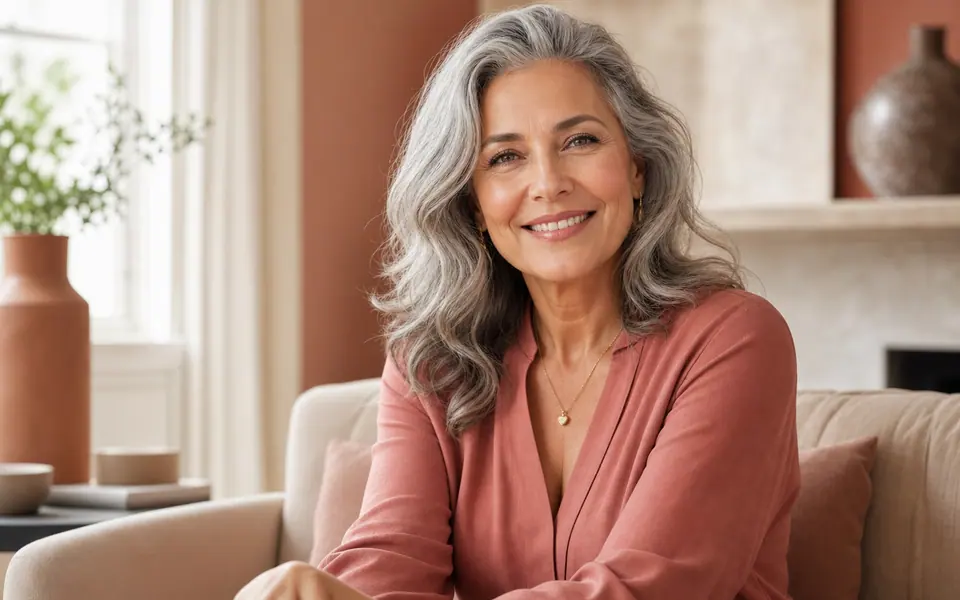 Mulher madura sorrindo com confiança em um ambiente acolhedor