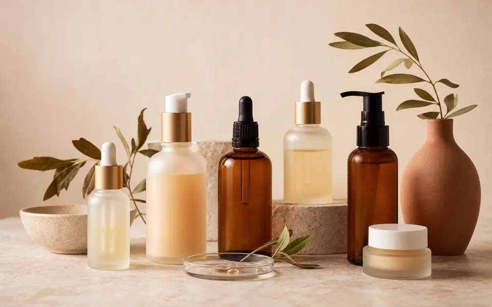 Frascos e potes de produtos para cuidados com a pele