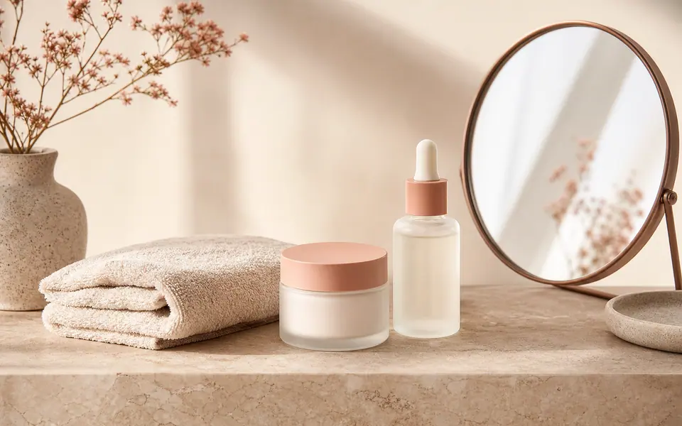 Produtos de skincare organizados em uma rotina de cuidados